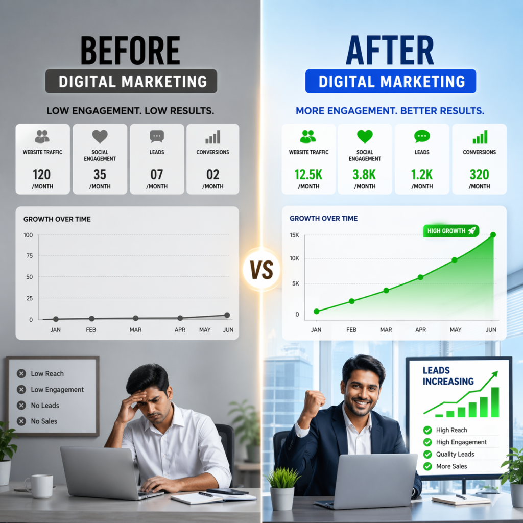 comparison of Facebook ads results before and after optimization showing increased leads and ROI for a Jaipur business