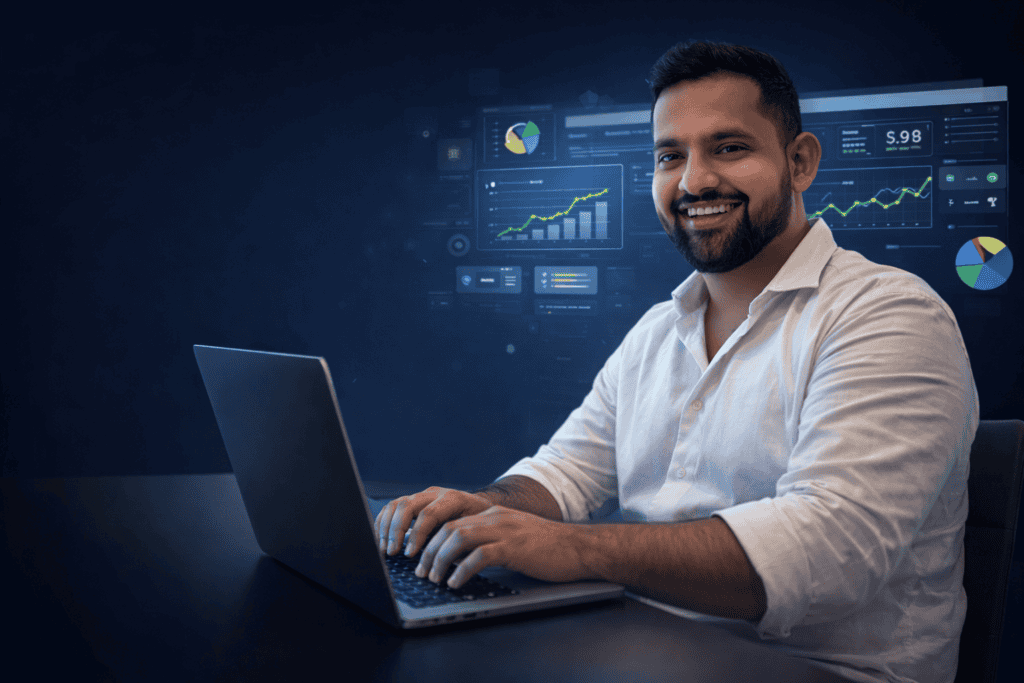 Business professional analyzing data on a laptop with digital dashboards.